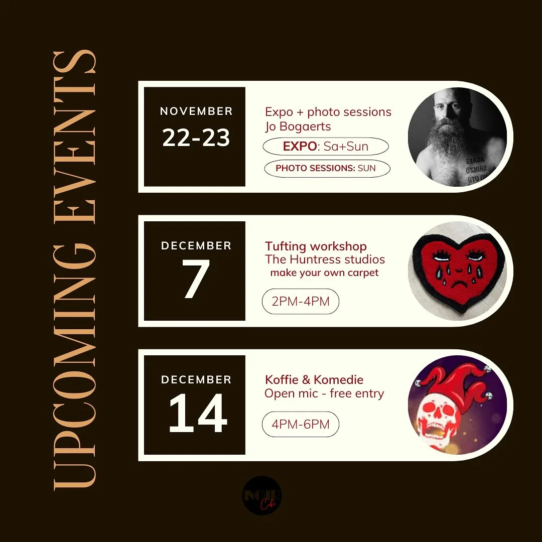 Here&rsquo;s what&rsquo;s coming up at NOIR &mdash; mark your calendars. 🖤

Expo: free entry
Photoshoot: DM to book your spot

Tufting workshop: DM @thehuntressstudios to book your spot

Koffie &amp; Komedie: free entry

See you soon!