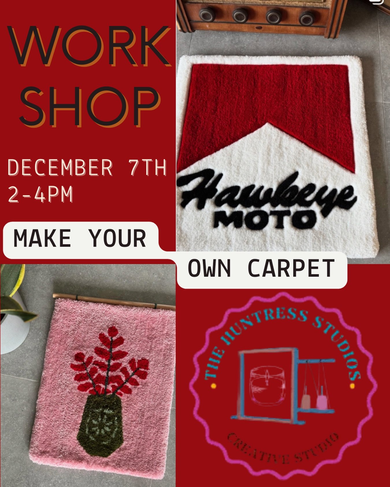 NEXT UP: tufting workshop in collaboration with @thehuntressstudios 

Enjoy a cozy afternoon with your bestie, mom, sister, &hellip; in our little caf&eacute;.

Tip: you can create a rug to gift during the holidays!🎁

When? Dec. 7th 2-4pm
What you g