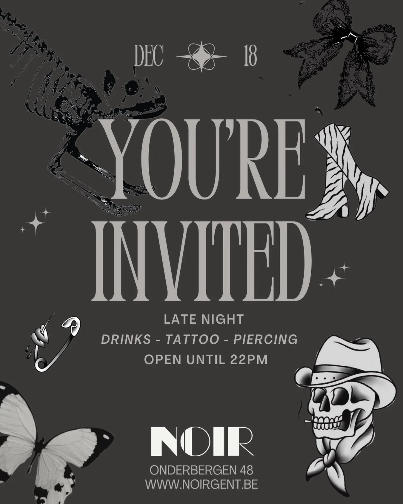 Noir Late Night - dec. 18

Open til 10pm

Tattoos - flash or custom
Piercing - @sanctum_by_maans 
Drinks @noir.cafe.gent