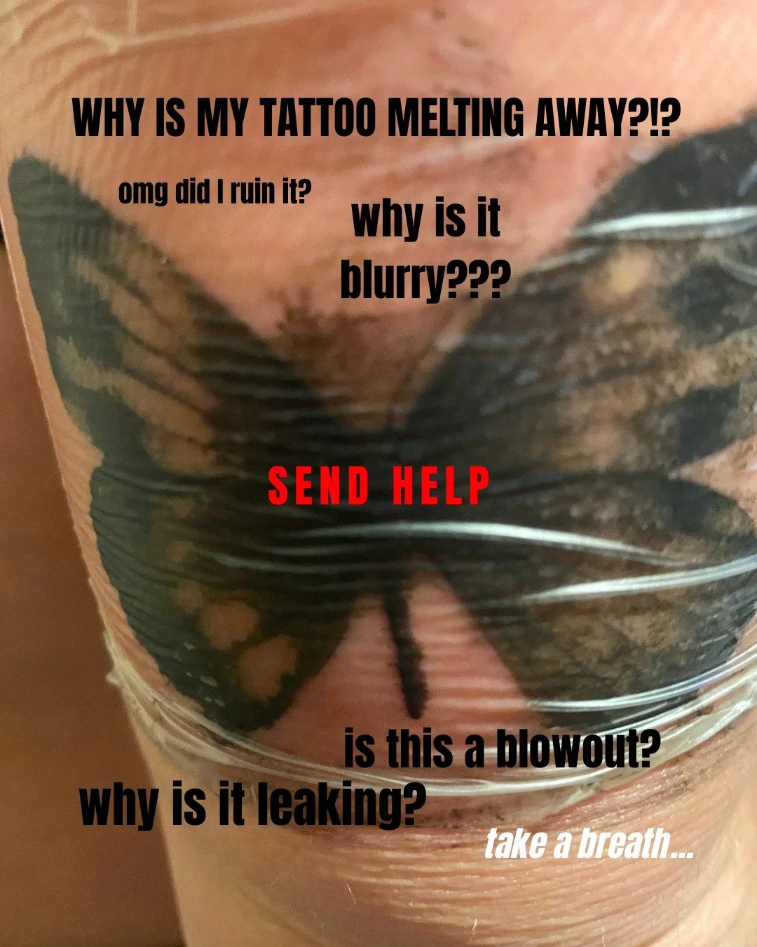 Take a breath.

When you leave the studio with second skin on your tattoo, your body starts healing immediately. During the first 24&ndash;48 hours, your skin releases plasma, a bit of blood and excess ink.

Because the second skin is transparent and