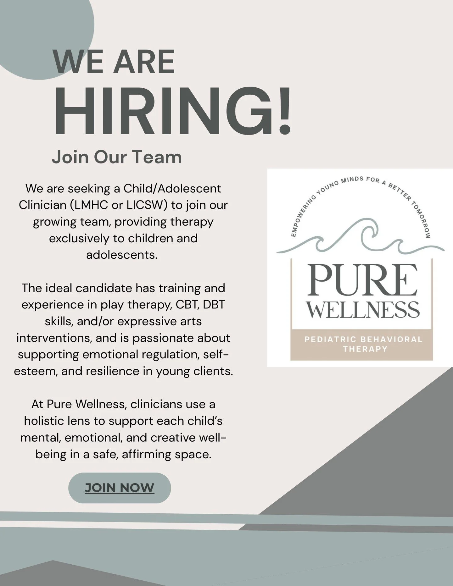 Do you or someone you know love working with children and their families!? At Pure Wellness we are passionate about providing developmentally appropriate interventions, through a holistic lens. We prioritize work-life balance, clinical autonomy, and 