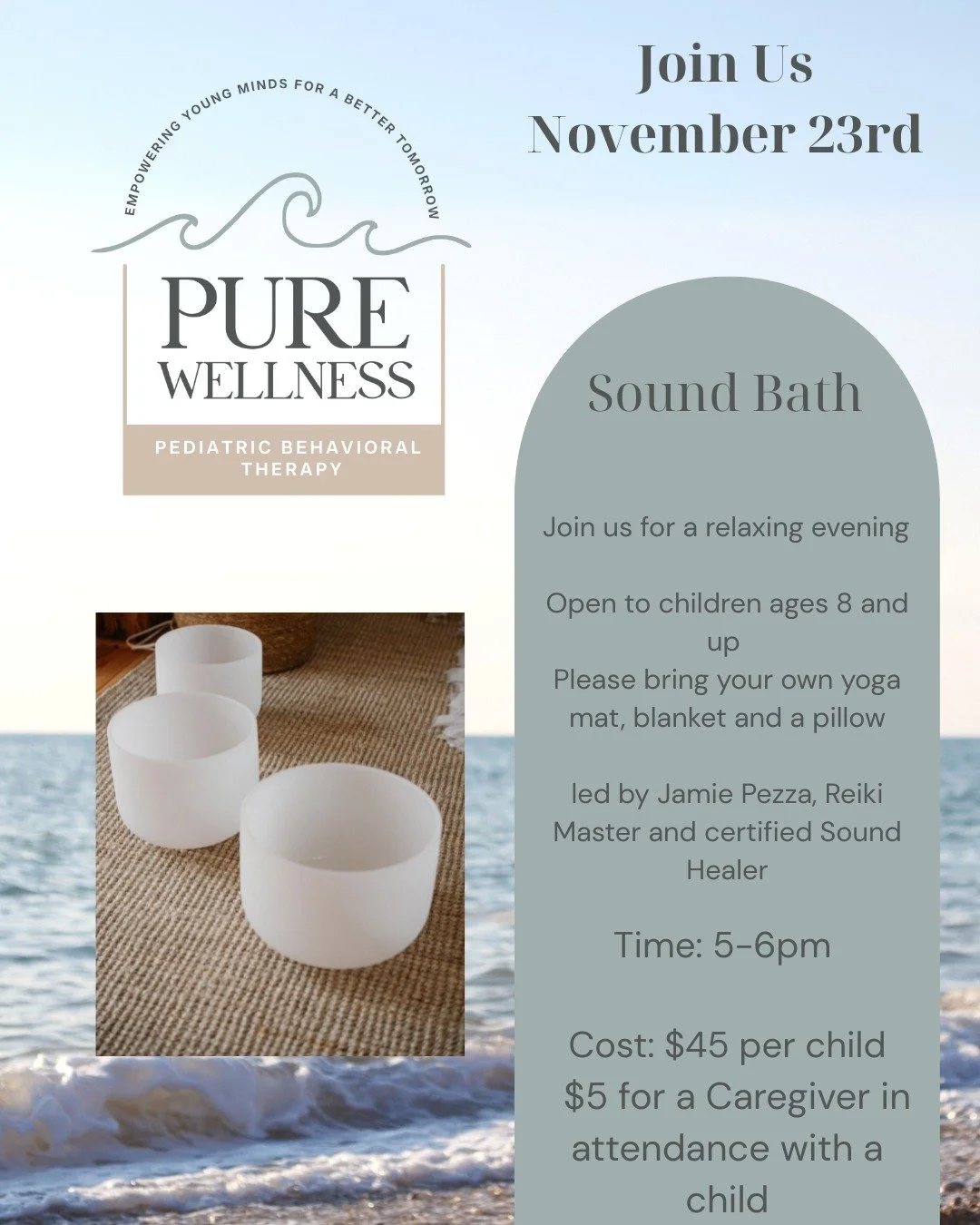 🌙 Group Sound Bath Experience 🌙
✨ at Pure Wellness, 222 Webster St, Hanover MA ✨

🗓 Saturday, November 23rd
🕔 5:00 &ndash; 6:00 PM

Join us for a relaxing and restorative evening of sound healing led by Jamie Pezza, Reiki Master &amp; Certified S
