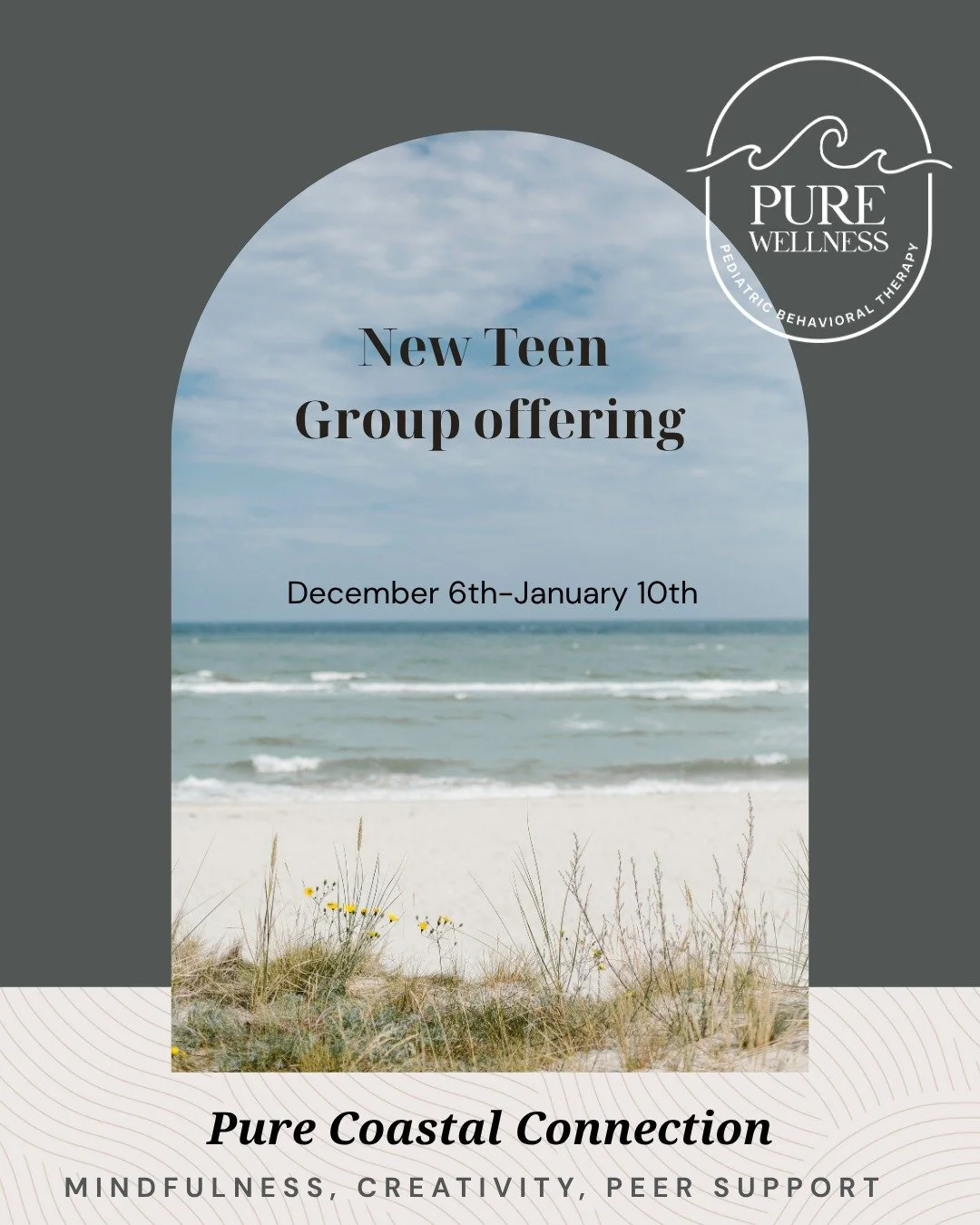 Pure Coastal Connect: 
Mindfulness+Creativity+Peer Support

Perfect for teens seeking connection and expression during the holidays + winter months. 

The colder season can feel isolating &mdash; schedules shift, stress rises, and social connections 