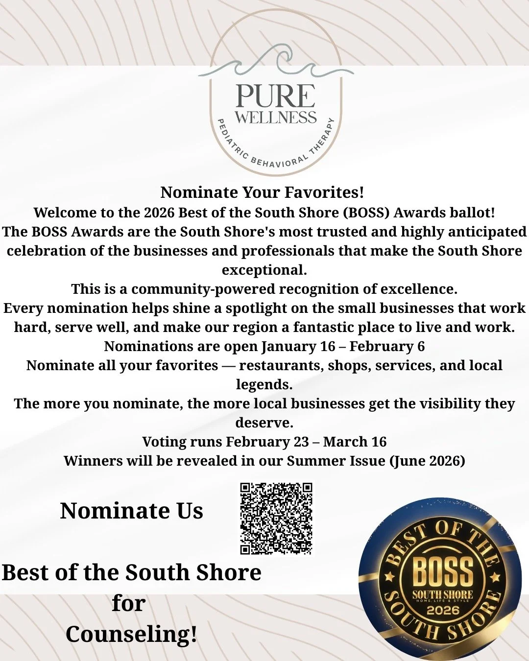 If Pure Wellness Therapy in Hanover, MA has helped your child or family feel more supported, understood, and confident, we&rsquo;d be honored if you would nominate us for the 2026 BOSS Awards in the Counseling category.

We&rsquo;re proud to provide 