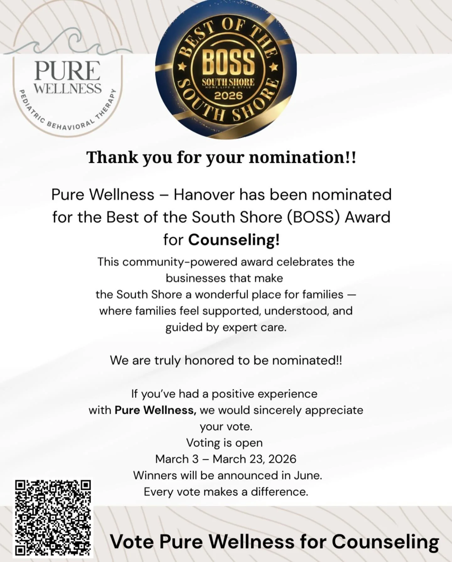 Pure Wellness &ndash; Hanover has been nominated for Best Counseling in the 2026 Best of the South Shore (BOSS) Awards!
This community-powered recognition celebrates the businesses that help make the South Shore a wonderful place for families &mdash;