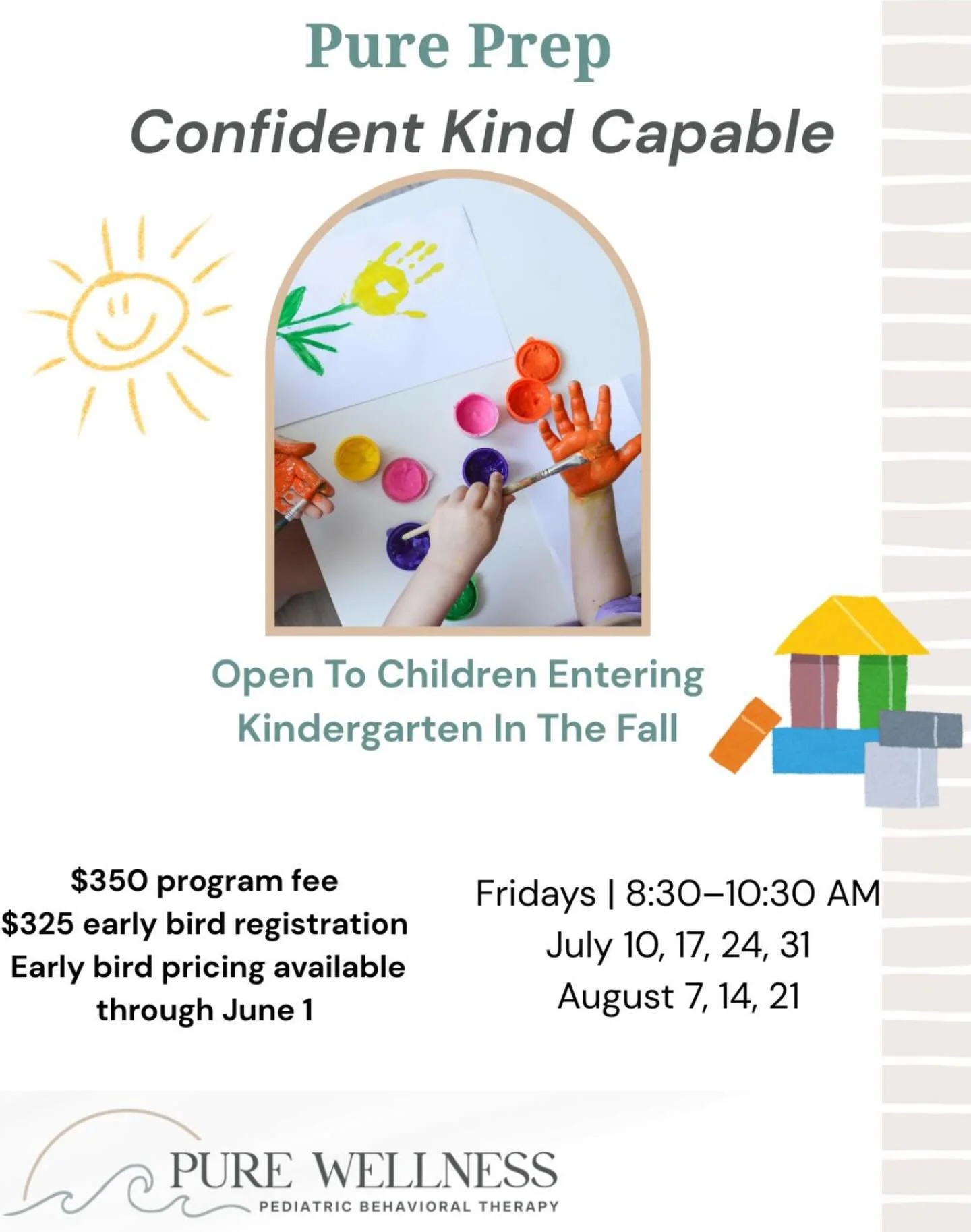 Pure Prep: Confident Kind Capable 🤍 
Give your child a gentle, confidence-building start before preschool or kindergarten. 
Pure Prep is a small-group summer program designed to support independence, social skills, and emotional confidence through p