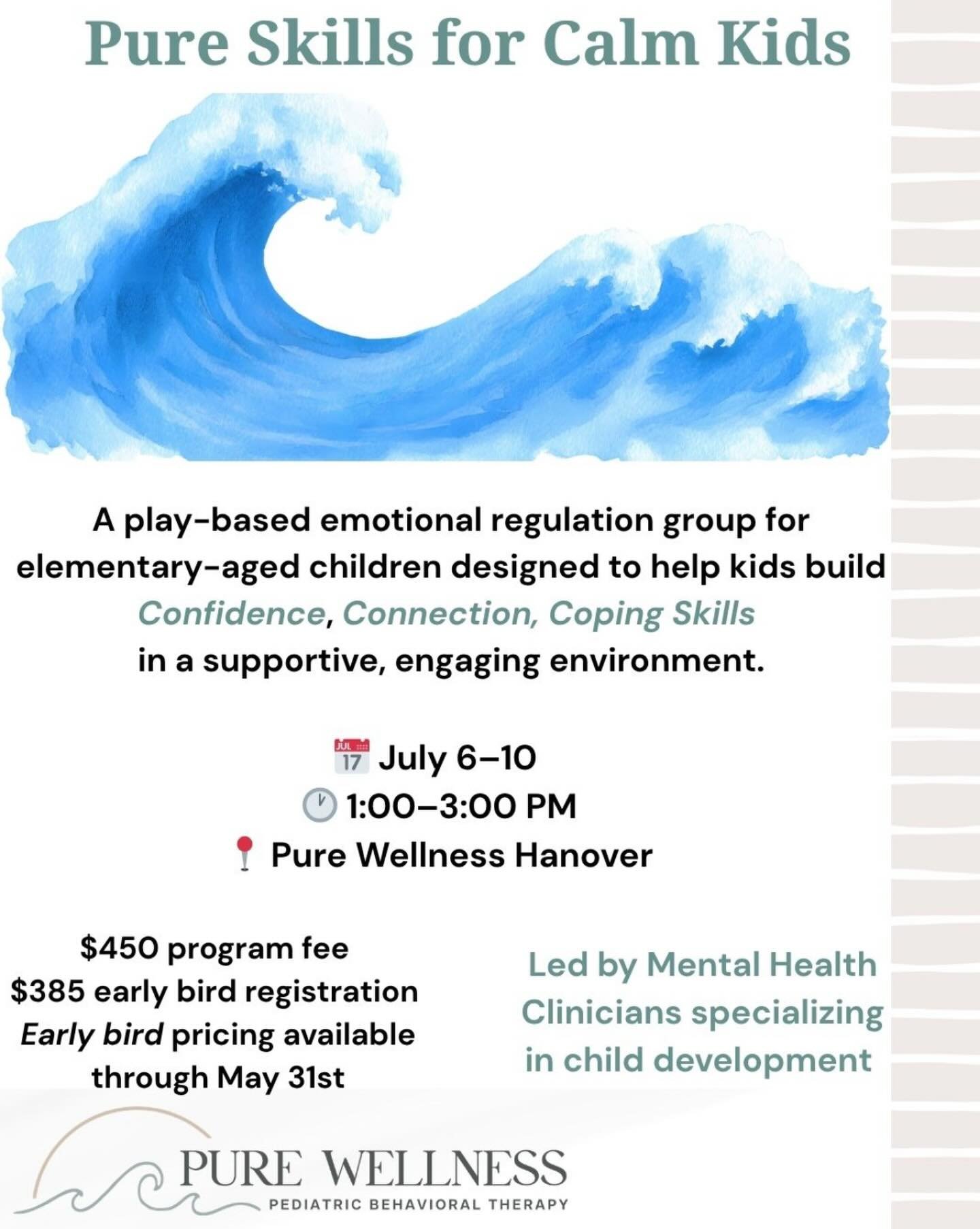 Pure Skills for Calm Kids
A play-based emotional regulation group for elementary-aged children designed to help kids build confidence, connection, and coping skills in a supportive, engaging environment.
Through games, movement, creative activities, 