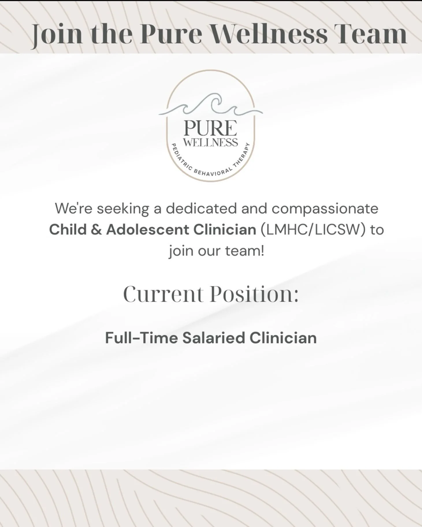 🌟 Pure Wellness is Hiring: Child &amp; Adolescent Clinician (LMHC/LICSW) 🌟
Join our team in Hanover, MA!
At Pure Wellness, we are committed to providing compassionate, evidence-based mental health care for children, adolescents, and their families.