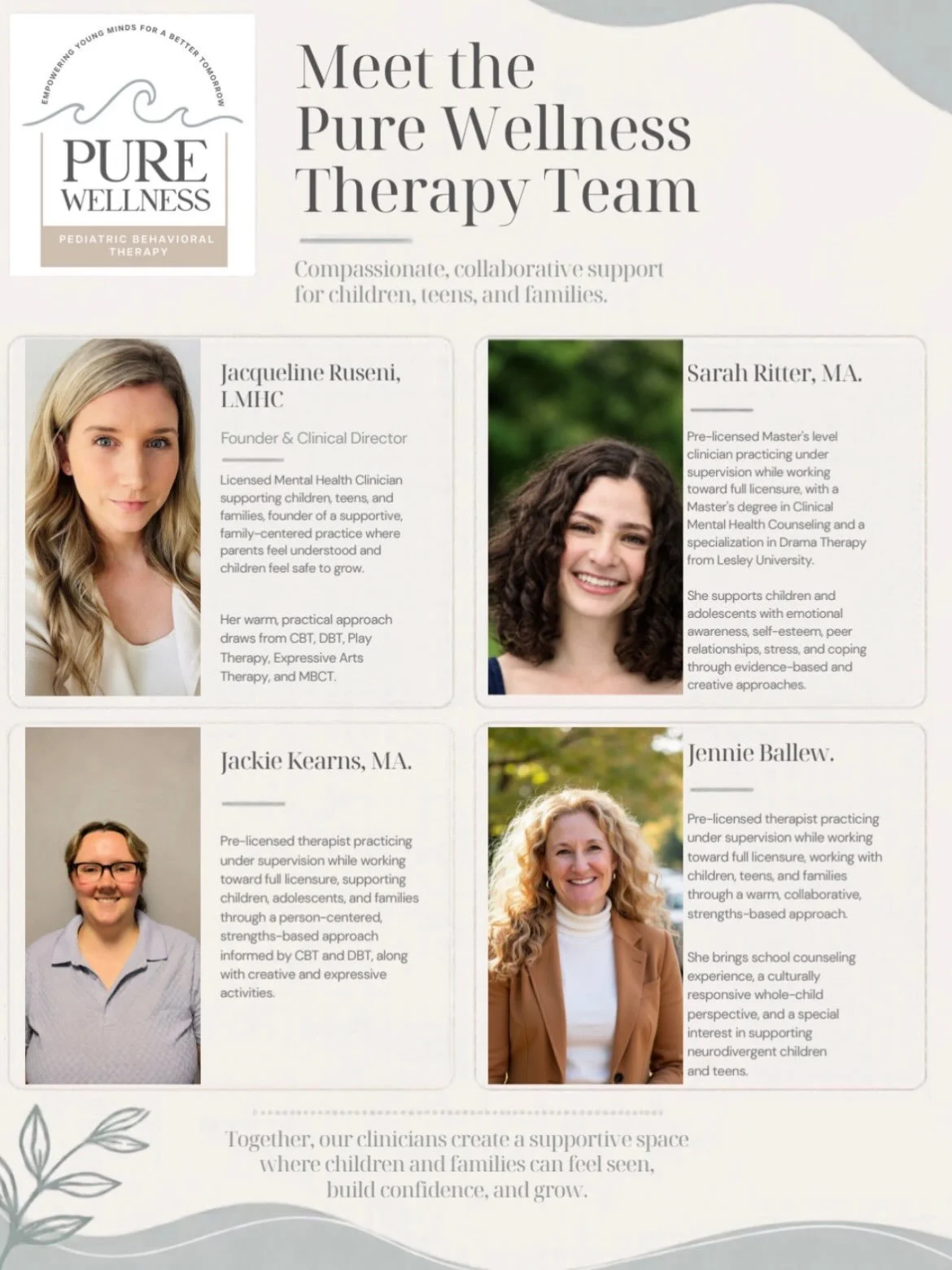 🌊Meet the Clinical Team at Pure Wellness! 🌊

At Pure Wellness, we believe every child and family deserves compassionate, individualized support. 🌊

We&rsquo;re excited to introduce our clinical team! Get to know the clinicians behind our care, exp