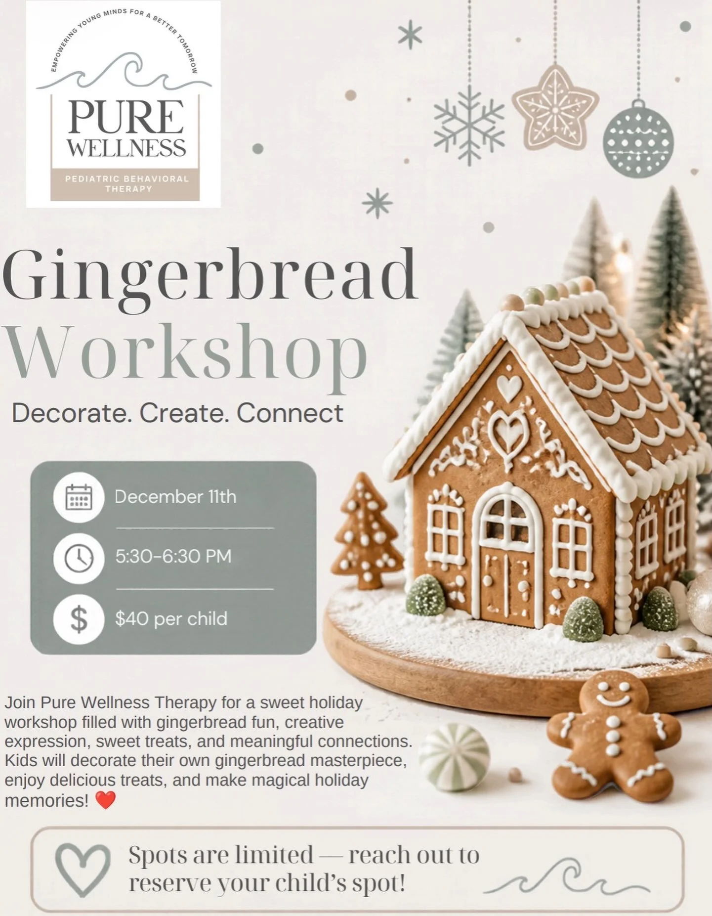 Gingerbread Workshop
Join us for a special holiday experience where creativity, connection, and a little gingerbread magic come together!

Led by our mental health clinicians, this creative, hands-on activity offers kiddos the opportunity to gather, 