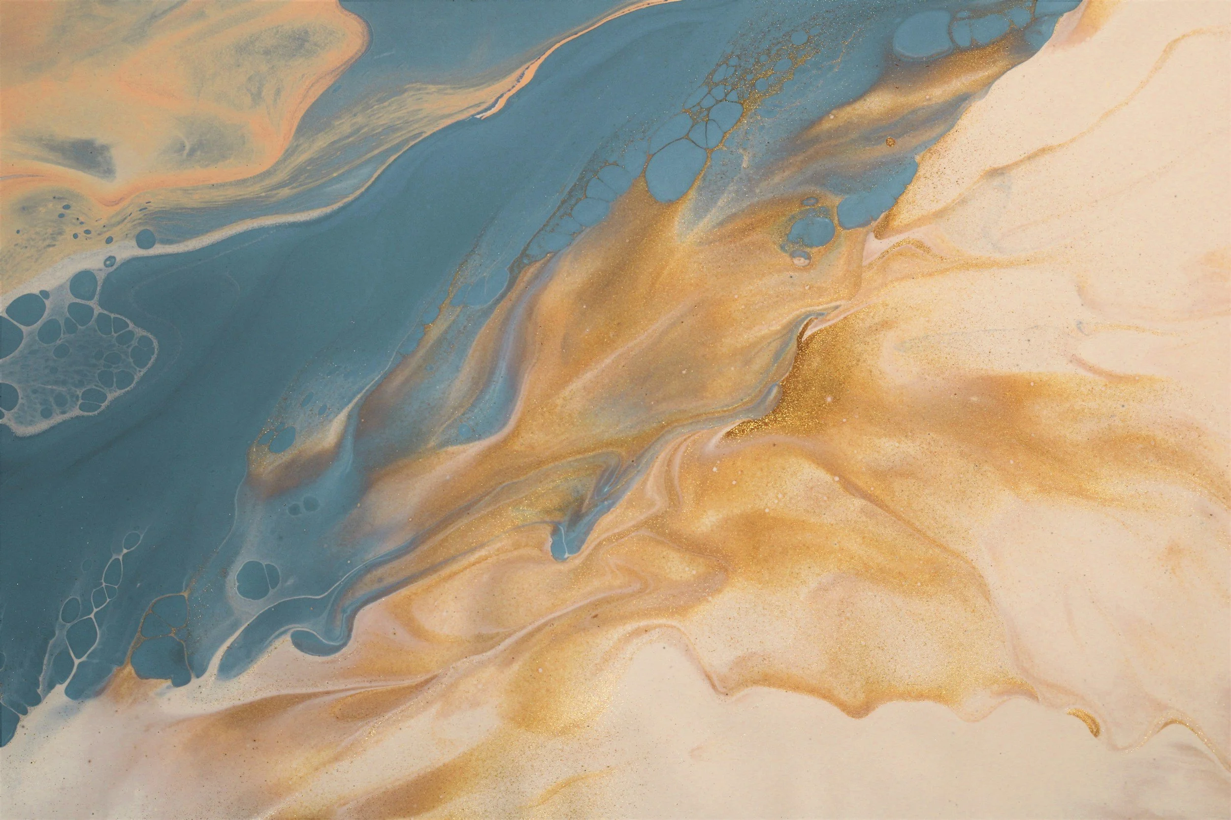 Abstract painting with swirling blue, gold, and cream colors, resembling flowing liquid or marble patterns.