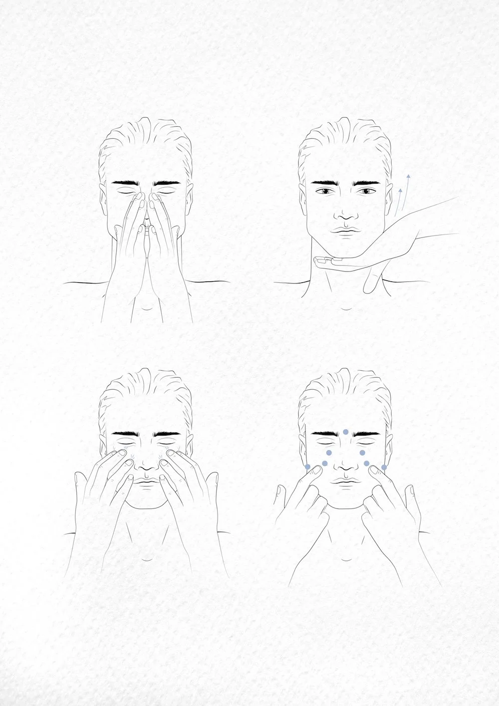Step-by-step illustrations of facial massage techniques for the face and jaw.