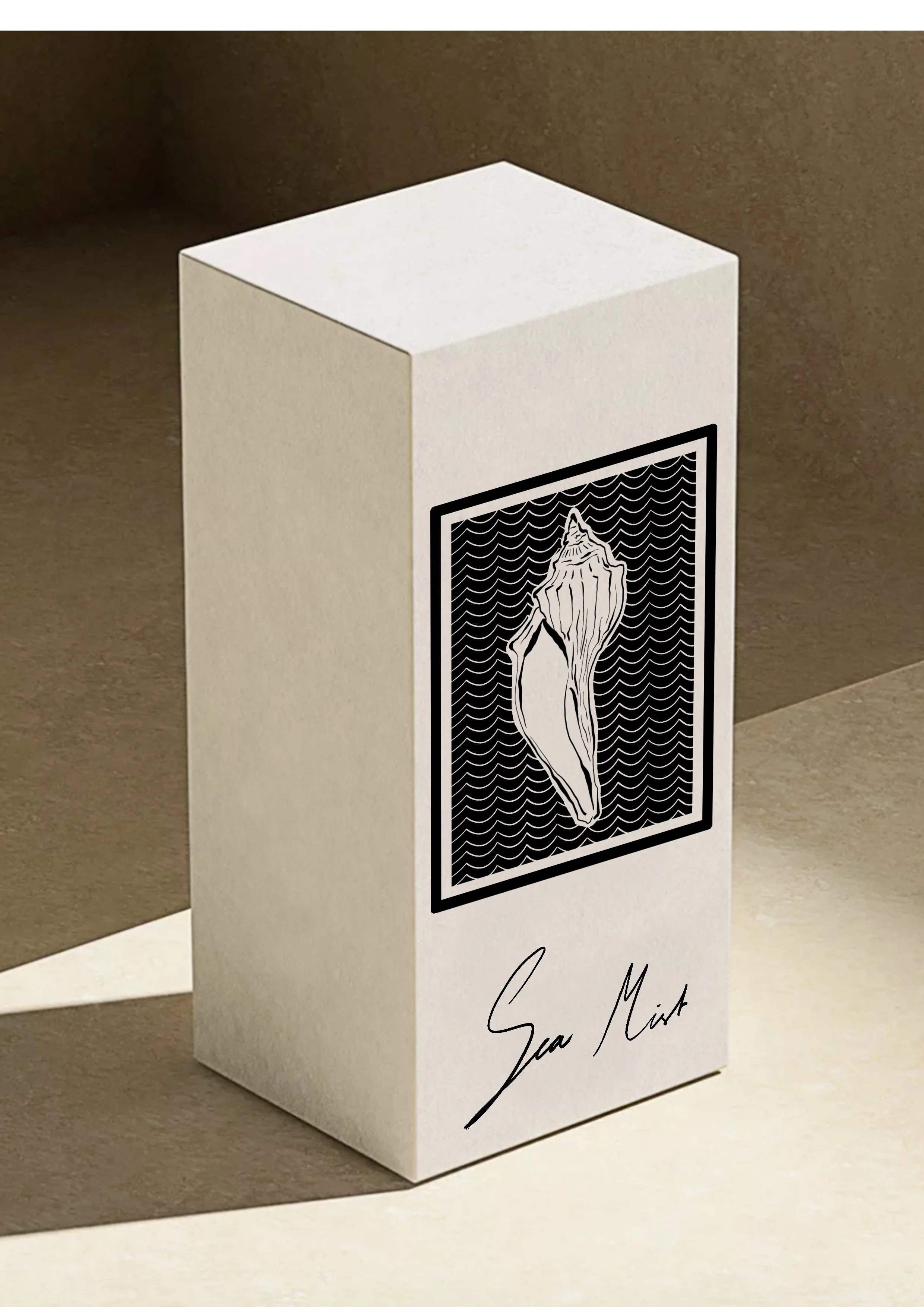 A white rectangular box with a black and white illustration of a flower on the front, and the words 'Sea Mint' written on it in cursive.