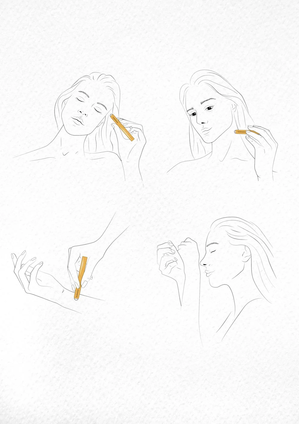 Line drawings of women applying a medical thermometer to their face and wrist, with orange labels on the thermometer.