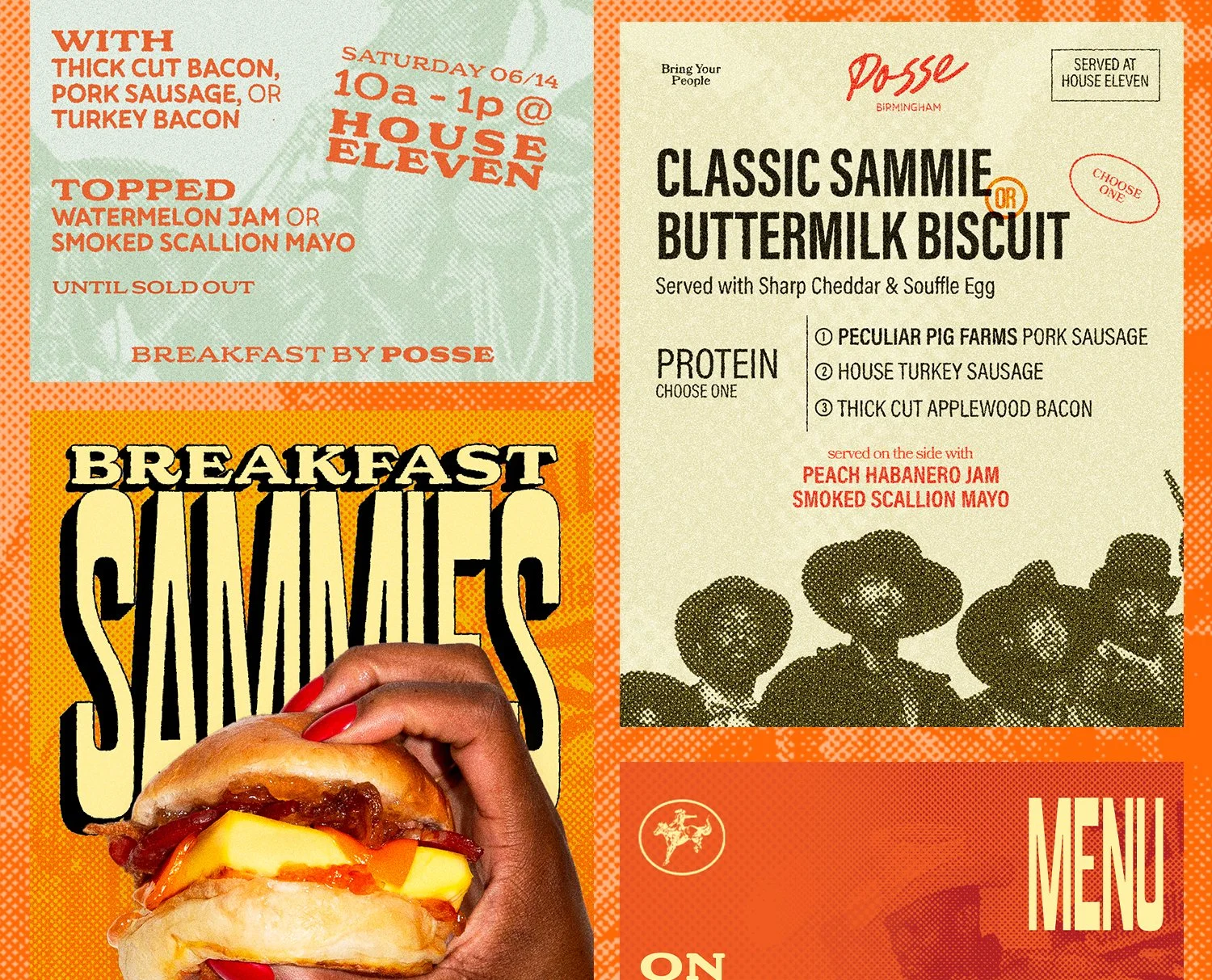 A promotional flyer for a breakfast sandwich at House Eleven. The flyer features details about a breakfast menu item with bacon, pork sausage, or turkey bacon, available Saturday from 10 a.m. to 1 p.m., topped with watermelon jam or smoked scallion mayo, served until sold out. It includes a picture of a hand holding a breakfast sandwich with bacon, cheese, and other ingredients.