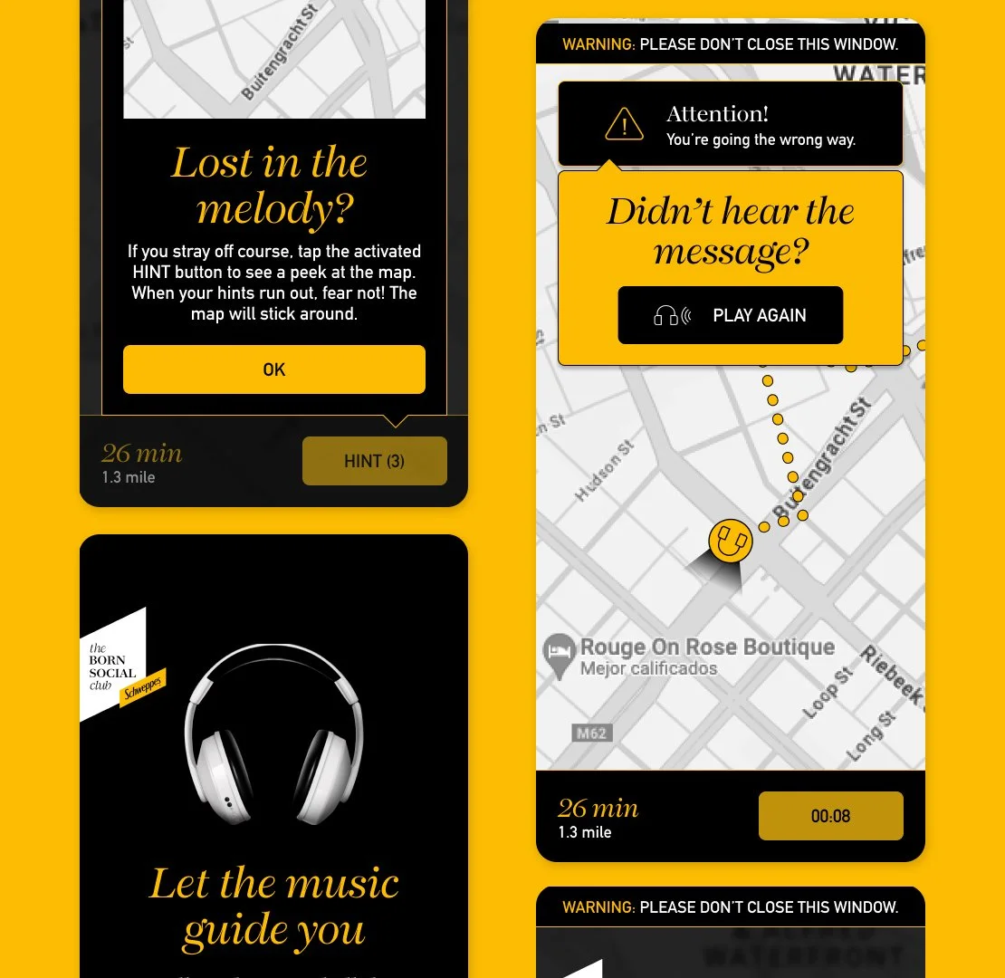 Screenshots of a massage or relaxation app showing a map and navigation instructions, with warnings not to close the window, and a prompt to replay a message. The app features a headset graphic and mentions music to guide the user.