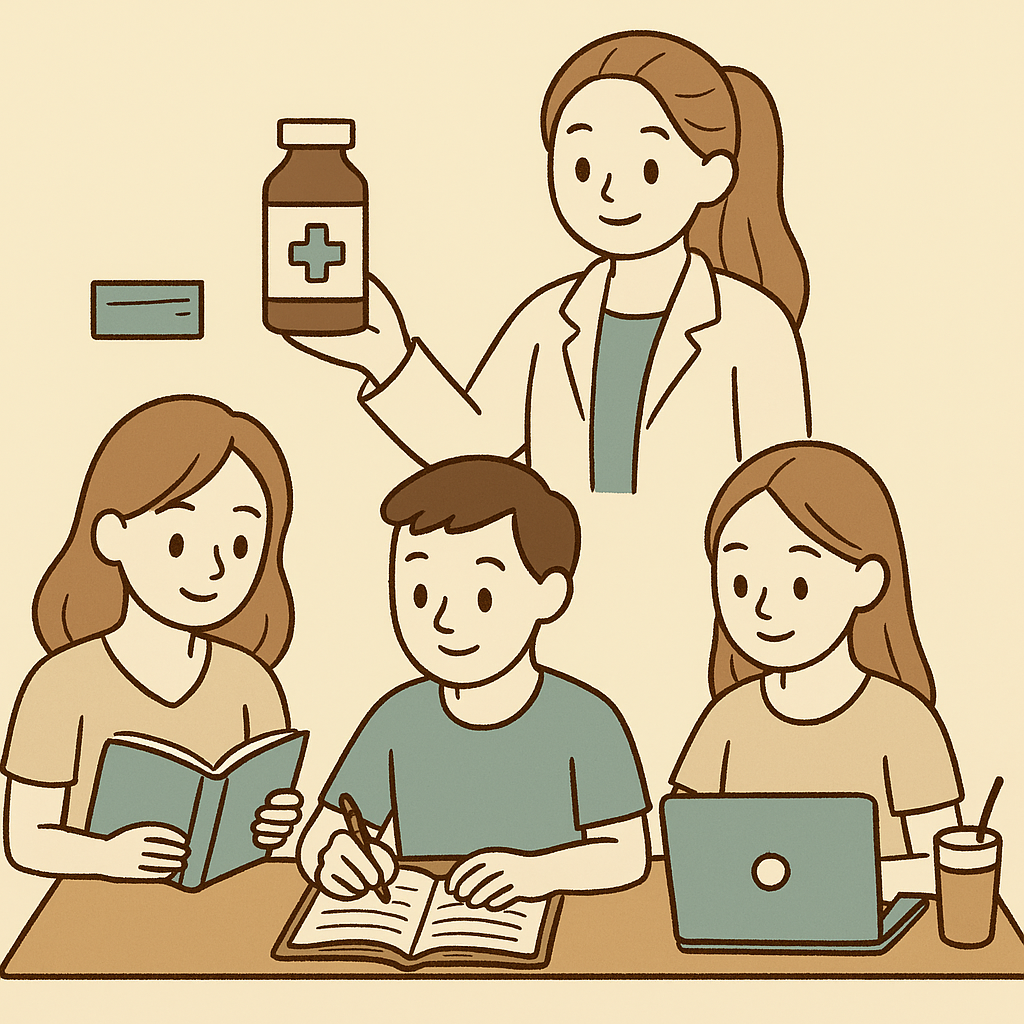 Illustratie van een arts die een medicijnfles vasthoudt, terwijl een groep patiënten op een tafel zitten met boeken, een laptop, en drinken, in een medische setting.