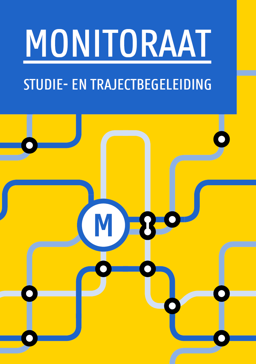 Cover van een blauw en geel boek met de titel 'MONITORAAST STUDIE- EN TRAJECTBEGELEIDING' en een ontwerp van een metrokaart met lijnen, haltes en een M in een cirkel.