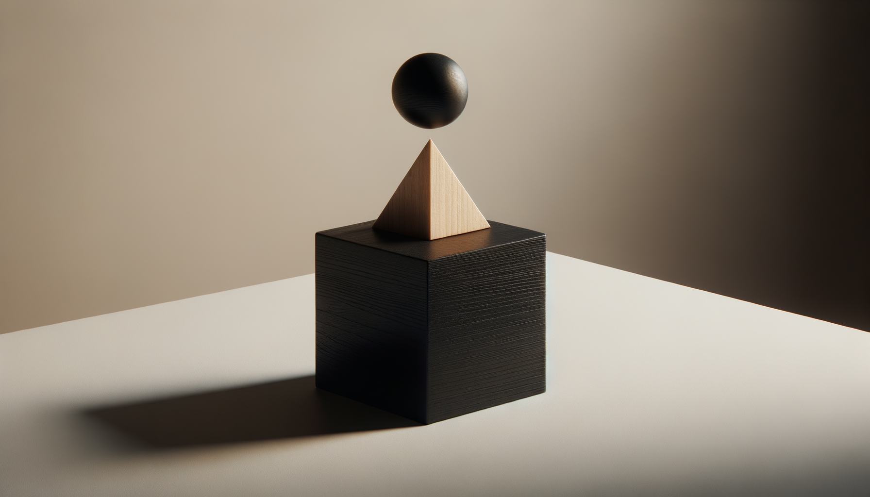 A black cube with a wooden pyramid on top, and a black sphere floating above the pyramid, placed on a white surface with a beige background.