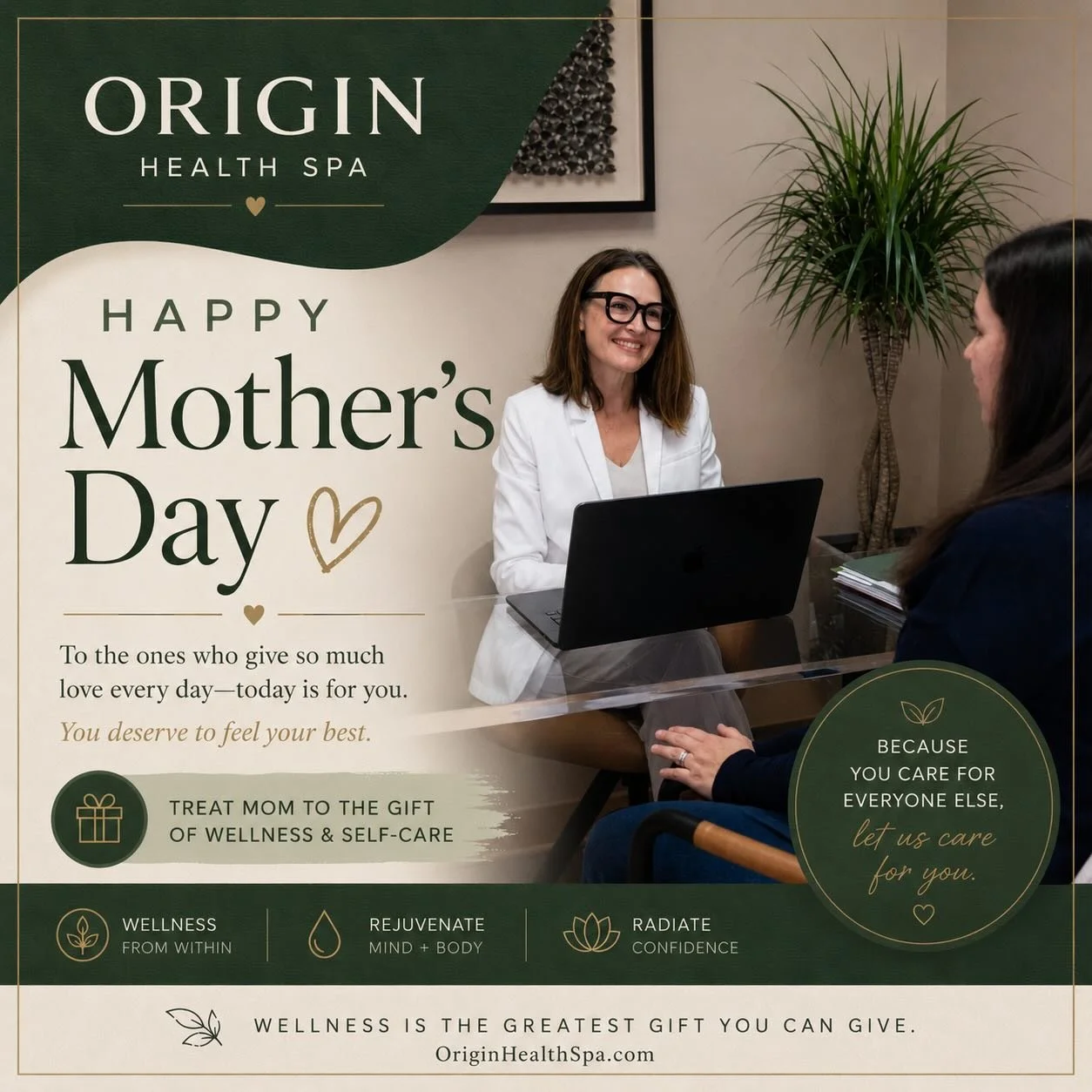 Happy Mother&rsquo;s Day to the women who give so much of themselves every single day. 💚

Today, we celebrate your strength, compassion, beauty, and care &mdash; and remind you that you deserve care too.

At Origin Health Spa￼, we believe wellness i
