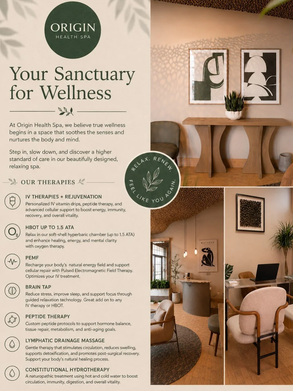 ✨ Restore. Rejuvenate. Reconnect. ✨

Step into the calming, beautifully curated space at Origin Health Spa￼ &mdash; where holistic wellness meets modern aesthetics. 🌿

From IV therapies and regenerative treatments to metabolic health support, aesthe