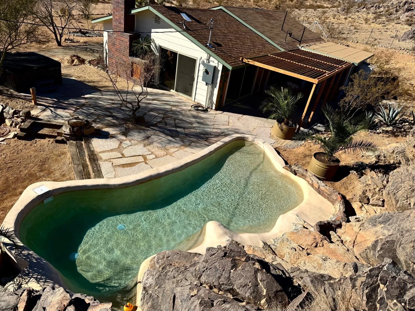 A backyard with a large, irregularly shaped swimming pool, surrounded by stone paving and desert landscaping. There's a white house with a chimney, a patio area, and potted palm plants.