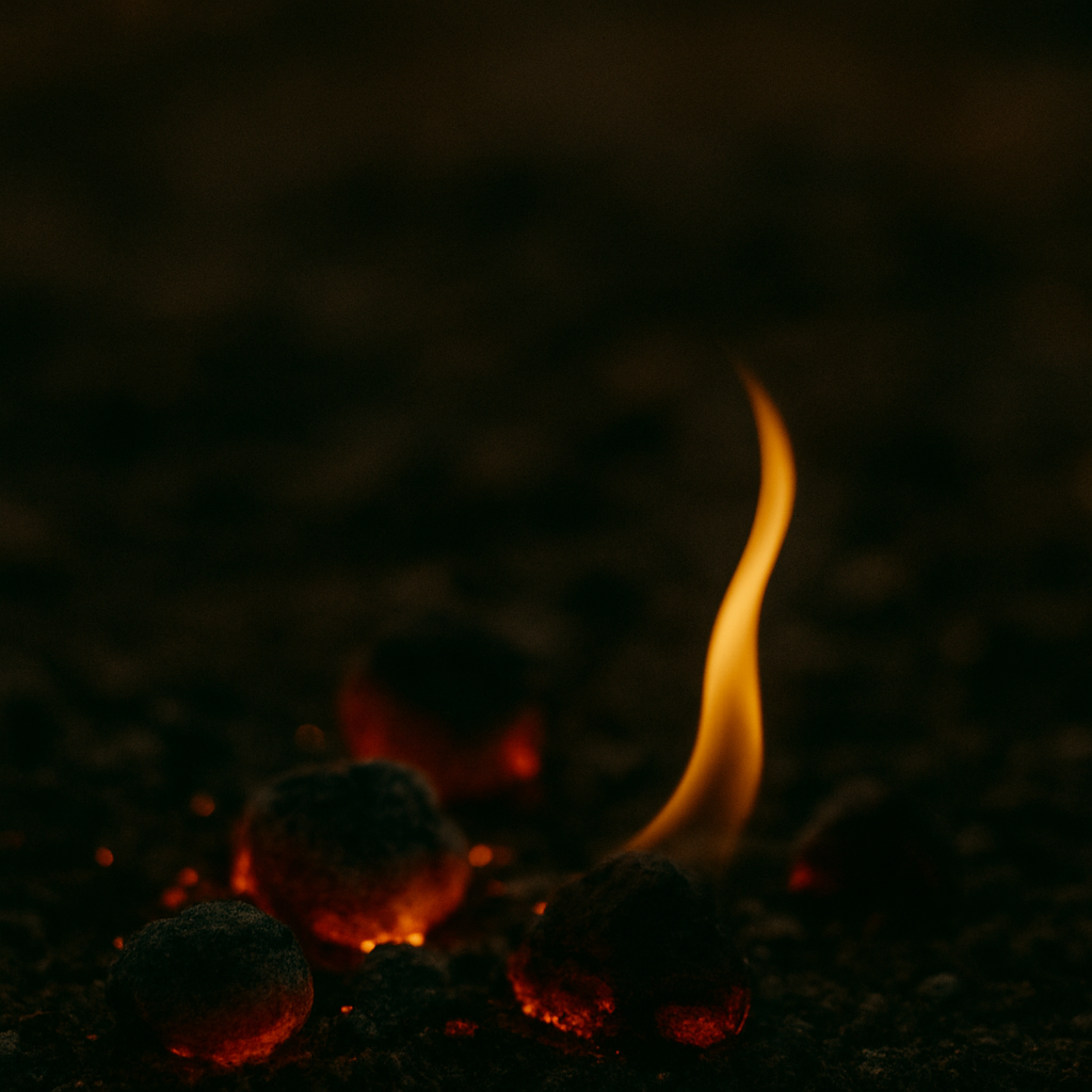 Close-up of burning charcoal with a small, bright flame and glowing red embers.