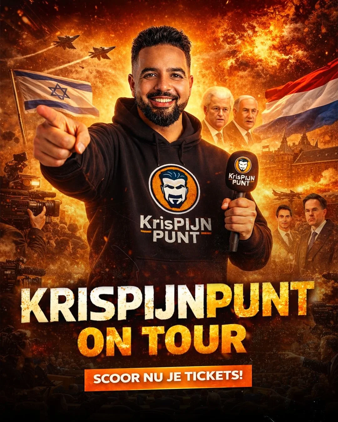 Promotiefoto van KrisPJN PUNT on Tour met een jongent man die lachend een microfoon vasthoudt en een hand uitstrekt, met een achtergrond van explosies, vliegtuigen en politieke leiders, en Israëlische en Russische vlaggen.