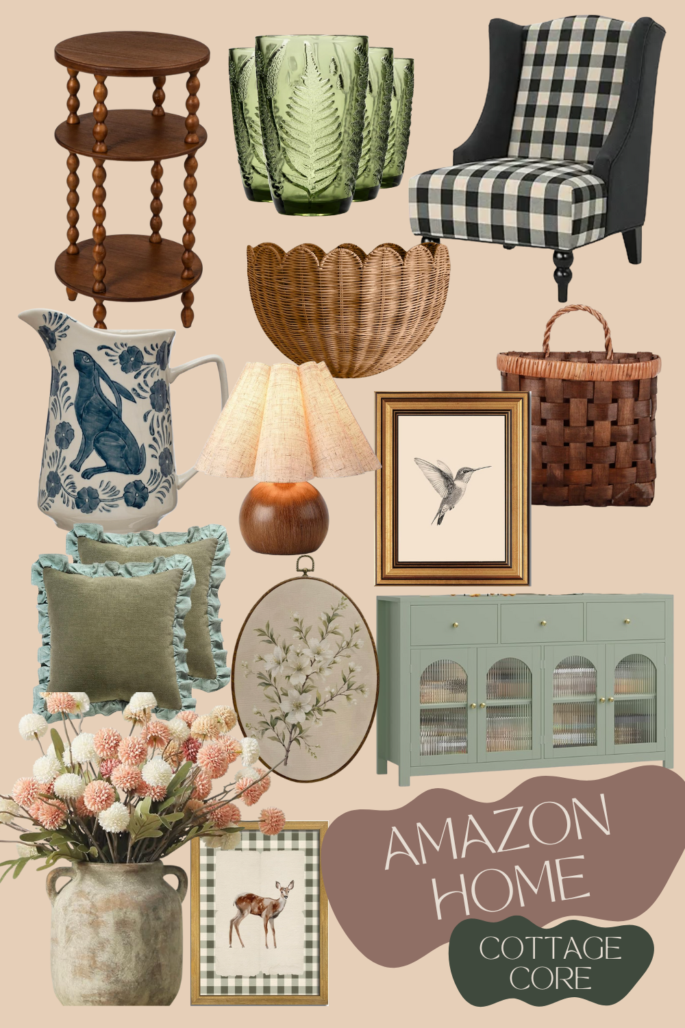 Amazon cottage-core decor with green sideboard, buffalo check chair, botanical art, woven basket, rustic lamp, and farmhouse accessories.