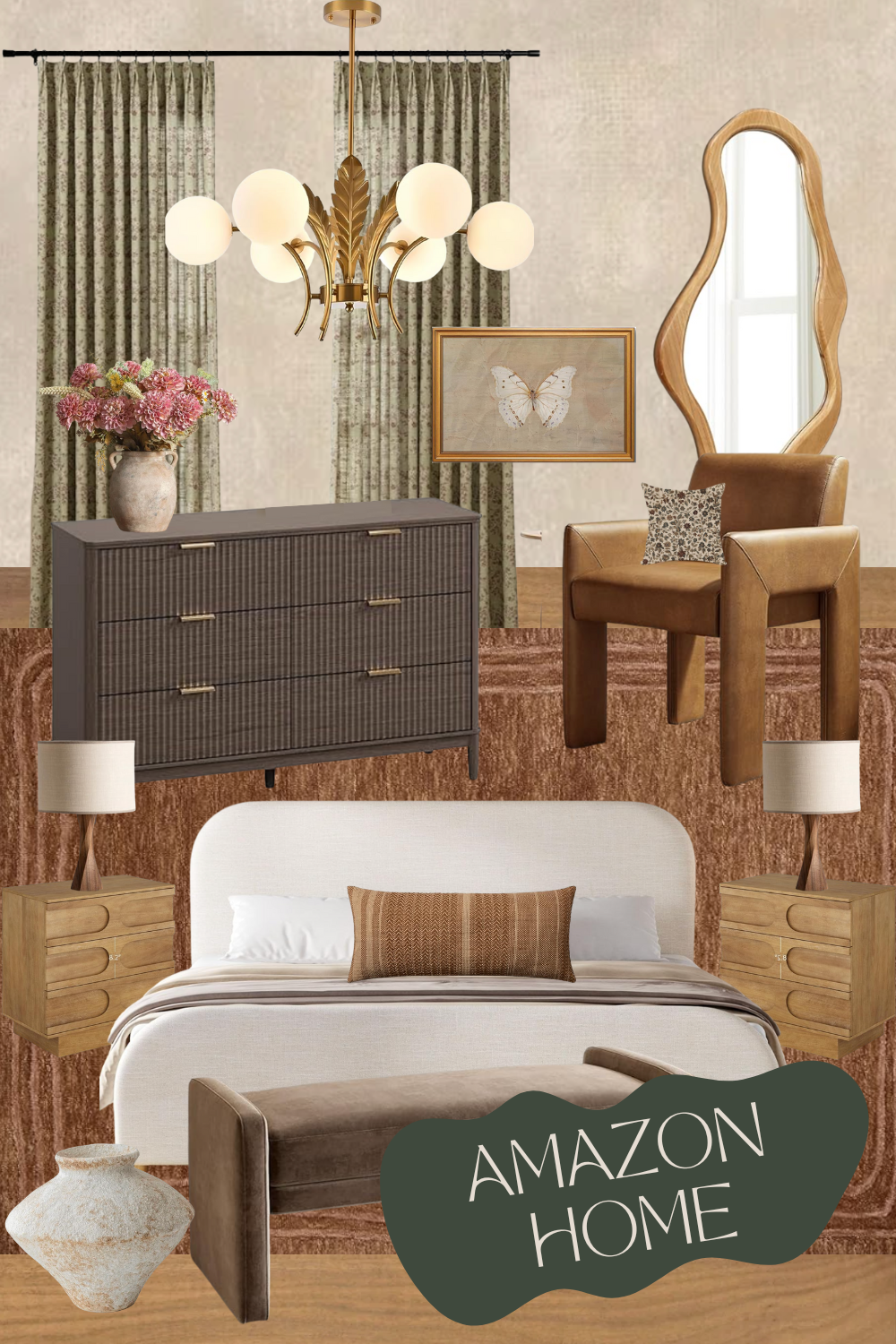 Amazon Home neutral bedroom design featuring a curved upholstered bed, wood nightstands, taupe velvet accent chair, textured dark dresser, sculptural wavy mirror, globe chandelier, pleated green curtains, and warm brown area rug.