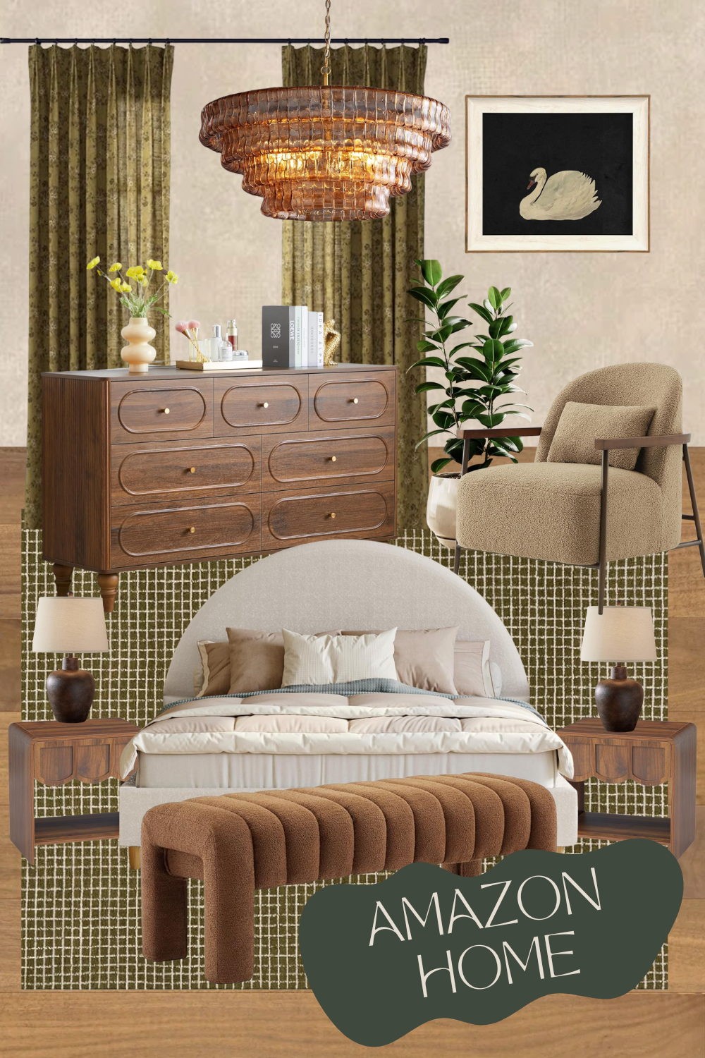 Amazon Home warm modern bedroom design with an arched upholstered bed, curved brown bench, wood nightstands, boucle accent chair, olive patterned curtains, dark wood dresser, woven glass chandelier, swan artwork, and neutral bedding.