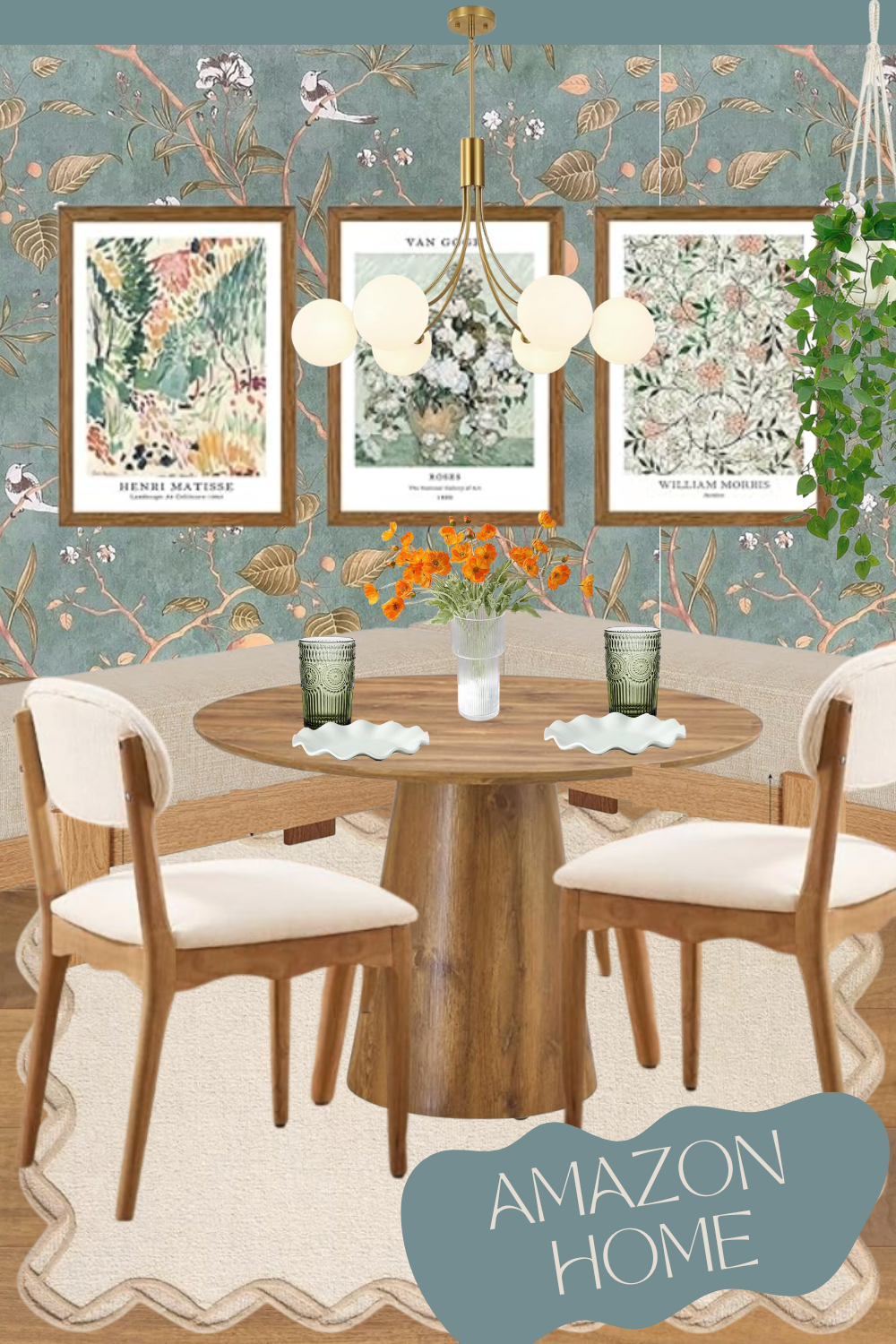 Amazon Home dining room design — round wood table, banquette seating, modern gold chandelier, botanical wallpaper, scalloped rug, and art prints.
