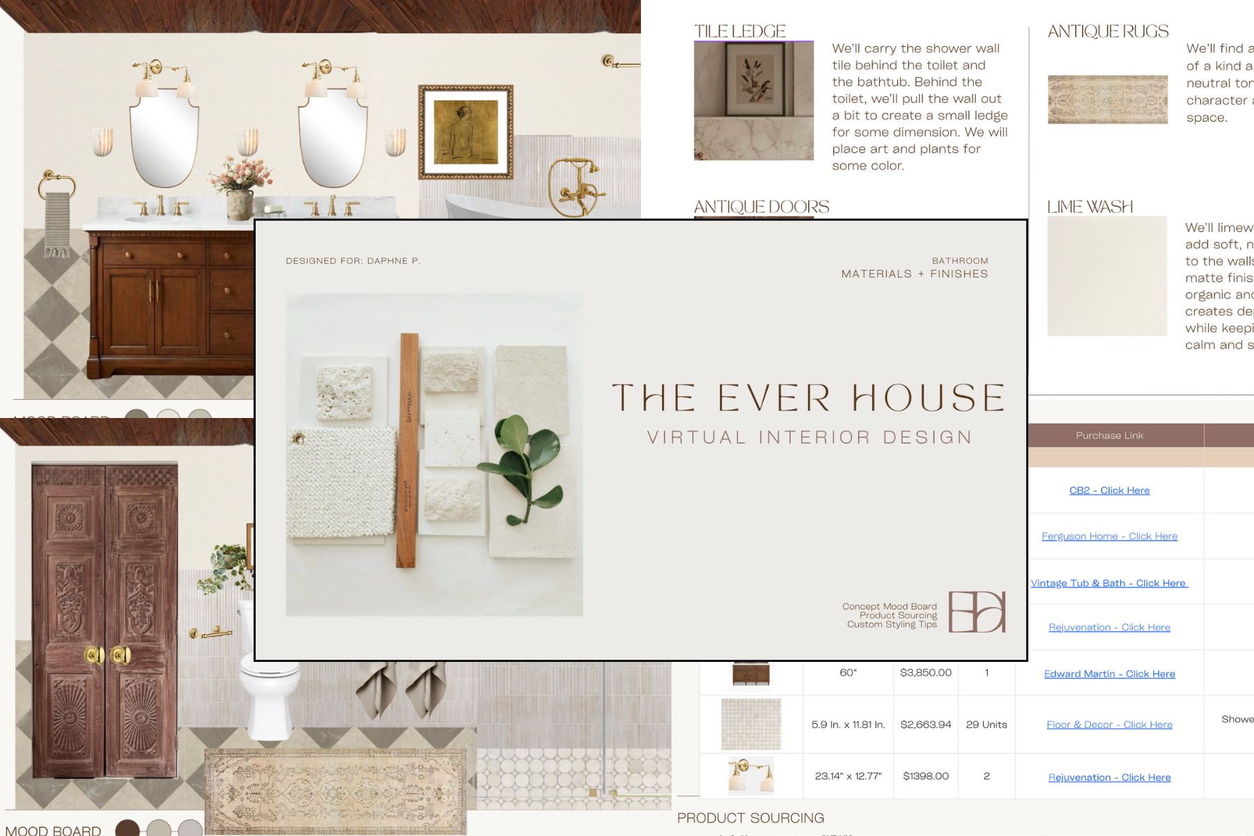 A virtual interior design plan for a bathroom called 'The Ever House.' It features a double vanity with two mirrors, wall-mounted light fixtures, a framed picture above the bathtub, and decorative tiles. The design includes materials like antique rugs and tile ledge for behind the toilet and bathtub. There's a wooden door with carved details, a toilet, and a rug on a tile floor. A color palette panel shows earthy tones.