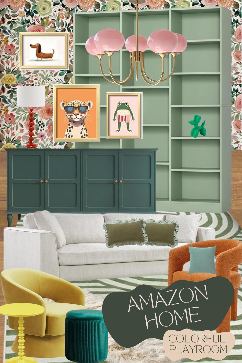 Amazon Home colorful playroom design with floral wallpaper, green built-in bookshelves, teal storage cabinet, pink bubble chandelier, white sofa, rust and yellow swivel chairs, green velvet ottoman, striped rug, and playful animal wall art.