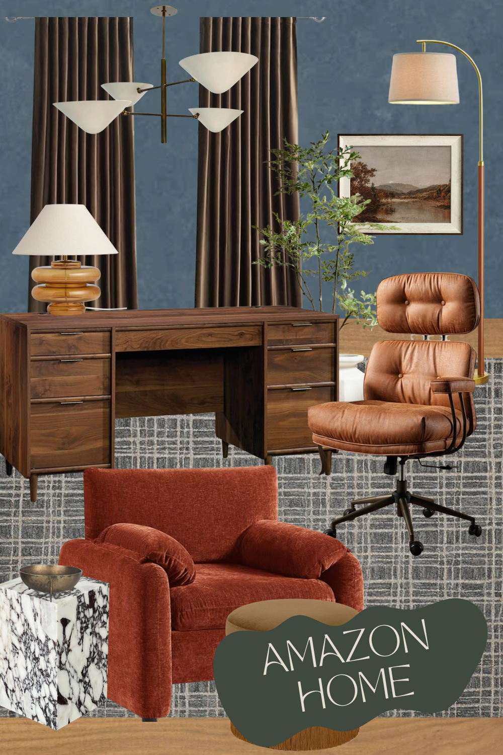 Modern Amazon Home office with wood desk, leather office chair, rust accent chair, marble side table, and brass chandelier.