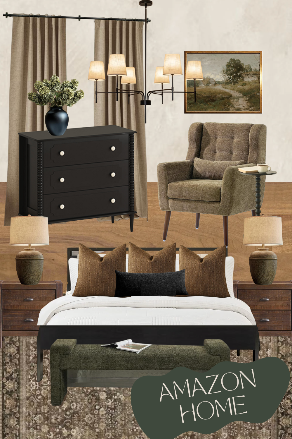Cozy modern bedroom with Amazon Home furniture and decor — black dresser, tufted accent chair, neutral drapes, landscape artwork, black chandelier, wood nightstands, ceramic lamps, layered pillows, upholstered bench, and vintage brown rug.