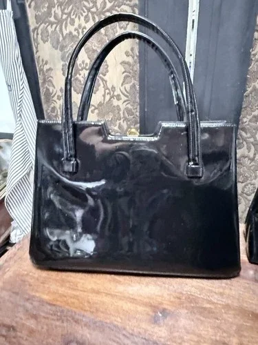 Vintage Lewis Black Patent Leather Handbag | Classic Mid-Century Structured Purse with Gold Hardware