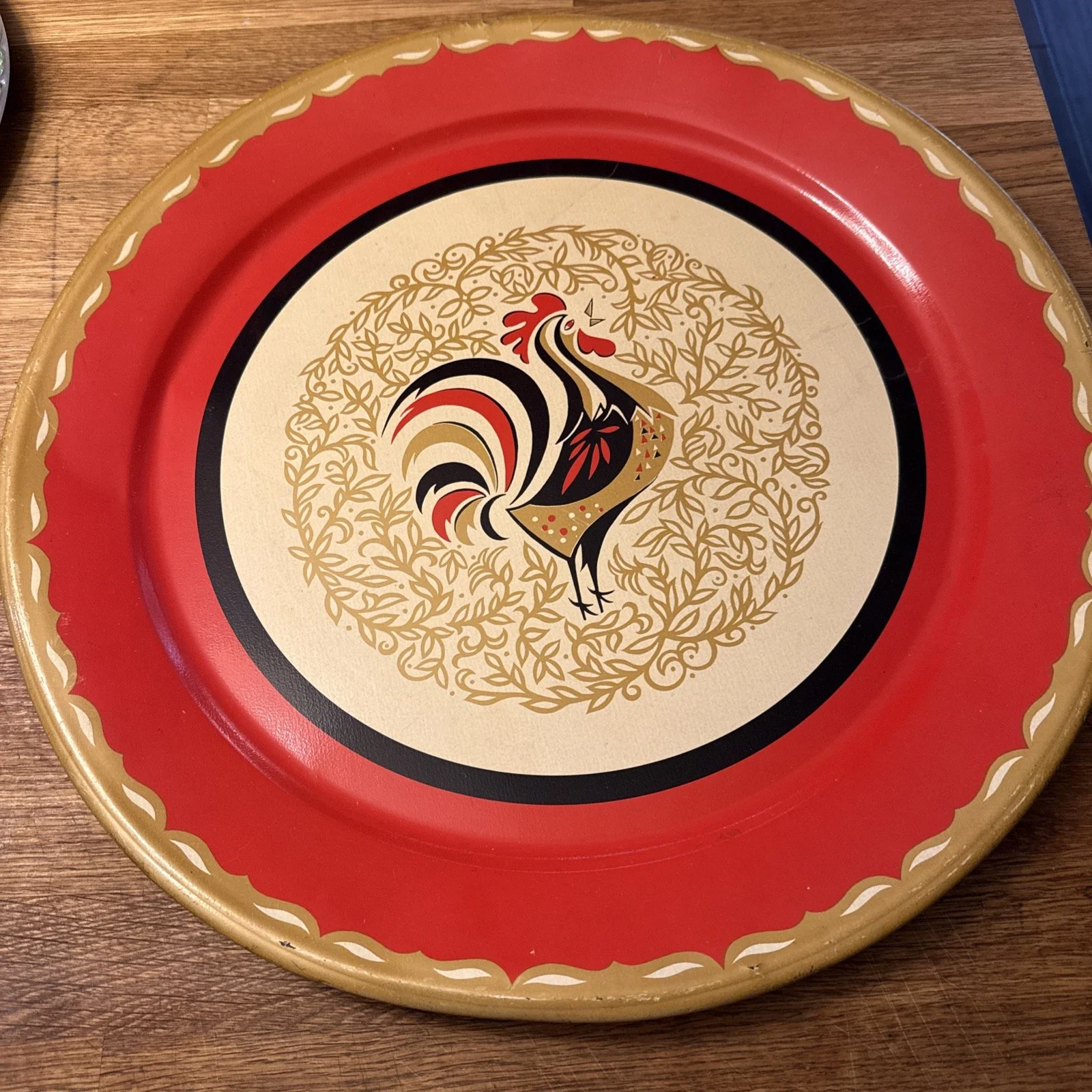 Share Vintage MCM Metal BBQ Grille Serving Tray Round With Rooster