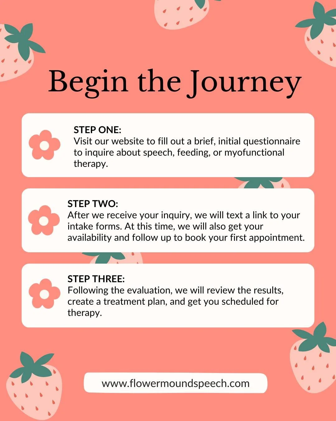 Starting therapy doesn&rsquo;t have to feel overwhelming &mdash; we&rsquo;ve designed a simple, supportive process.

Step One:
Complete a brief inquiry form on our website so we can learn more about your child&rsquo;s needs.

Step Two:
After reviewin