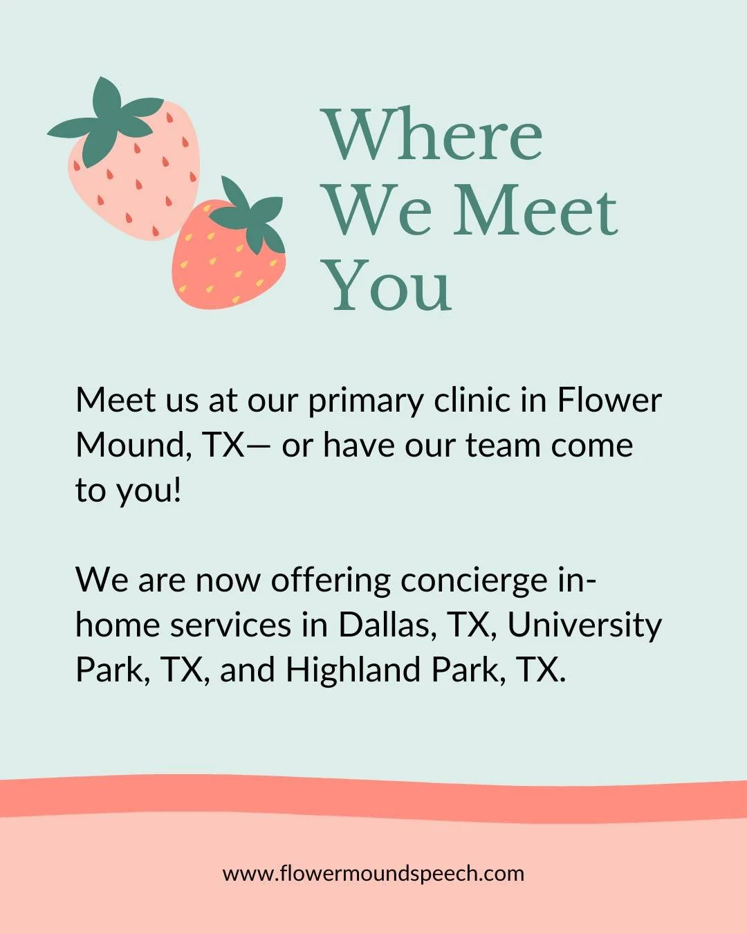 Every family&rsquo;s needs look different &mdash; and therapy should meet you where you are.

You&rsquo;re welcome to visit us at our primary clinic in Flower Mound, TX, or take advantage of our concierge in-home services designed to fit into real li