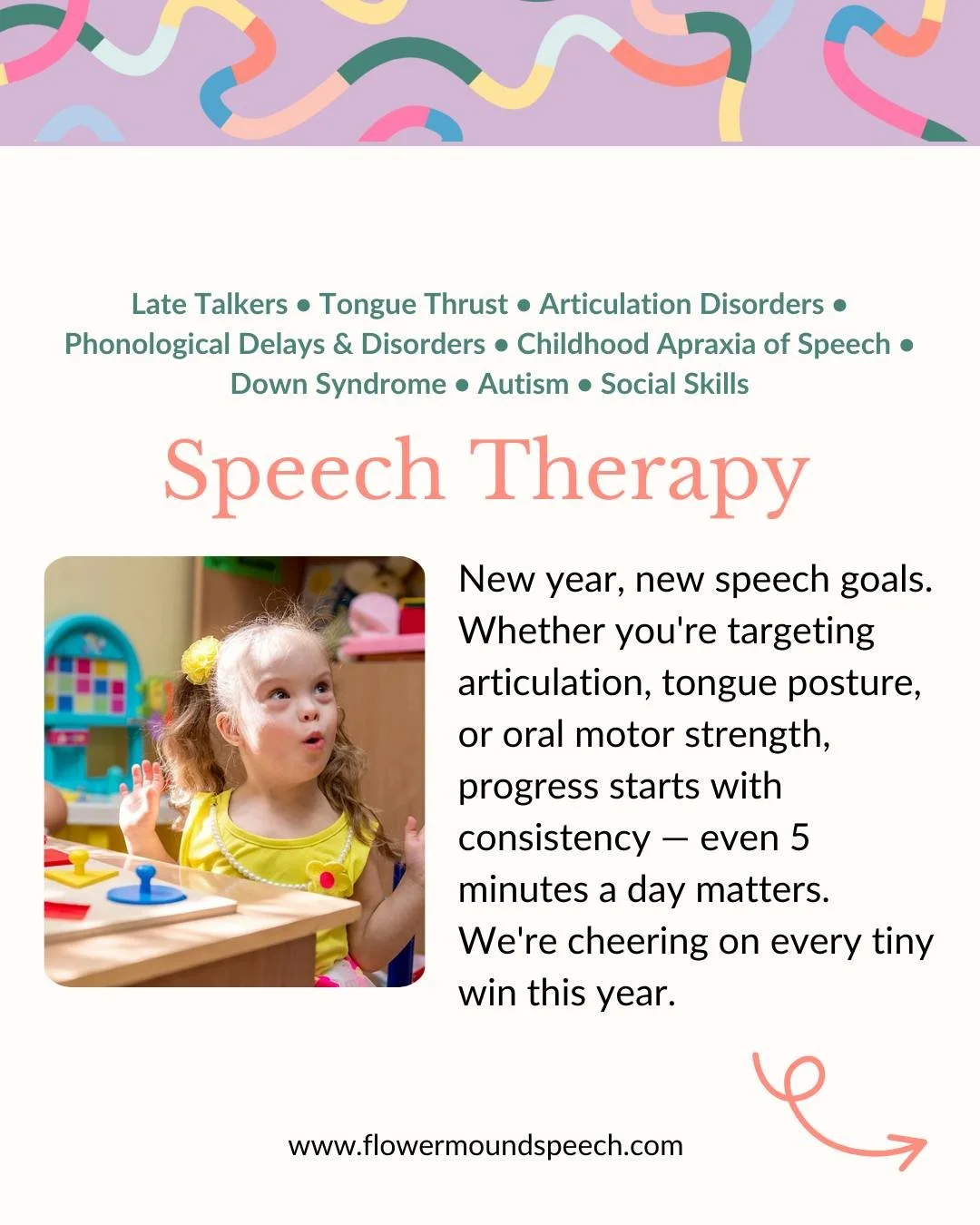 Speech development looks different for every child &mdash; and progress doesn&rsquo;t have to be rushed to be meaningful.

Speech therapy may support children with:
&bull; Late talking
&bull; Articulation challenges
&bull; Tongue thrust
&bull; Phonol