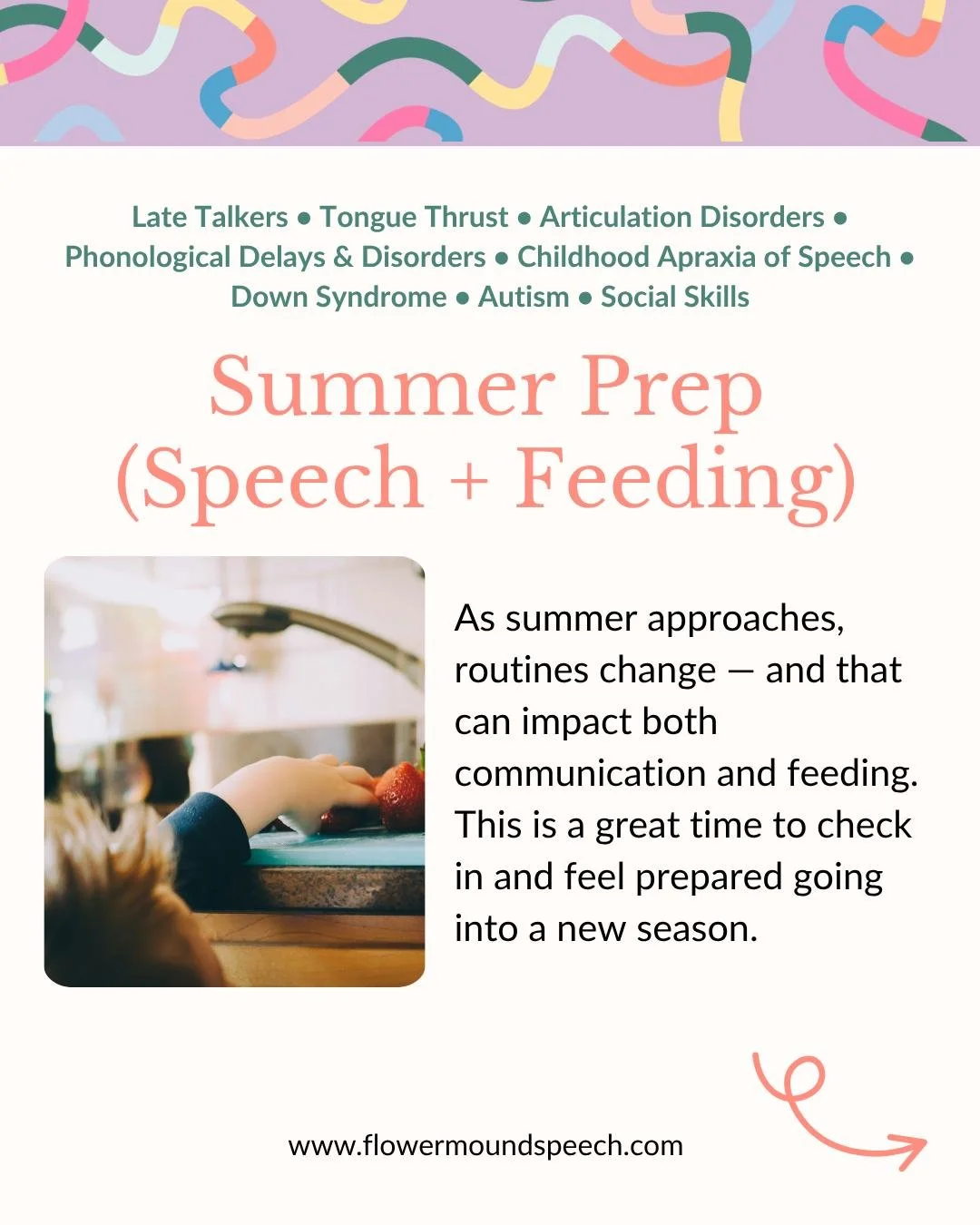 Summer is coming &mdash; and routines are about to shift ☀️

Changes in schedule, travel, and daily rhythms can impact both communication and mealtimes for little ones.

This is a great time to check in, ask questions, and feel more prepared going in