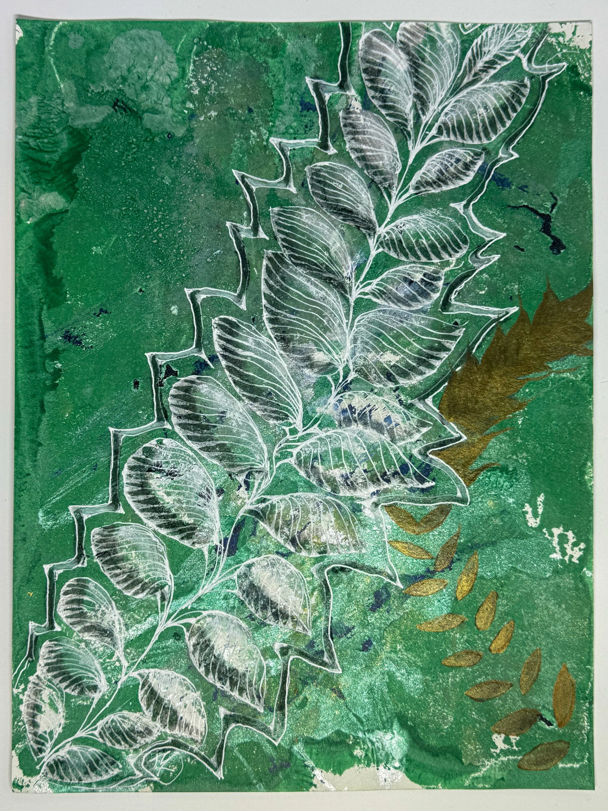 Green print of Tree of Heaven leaf frond.
