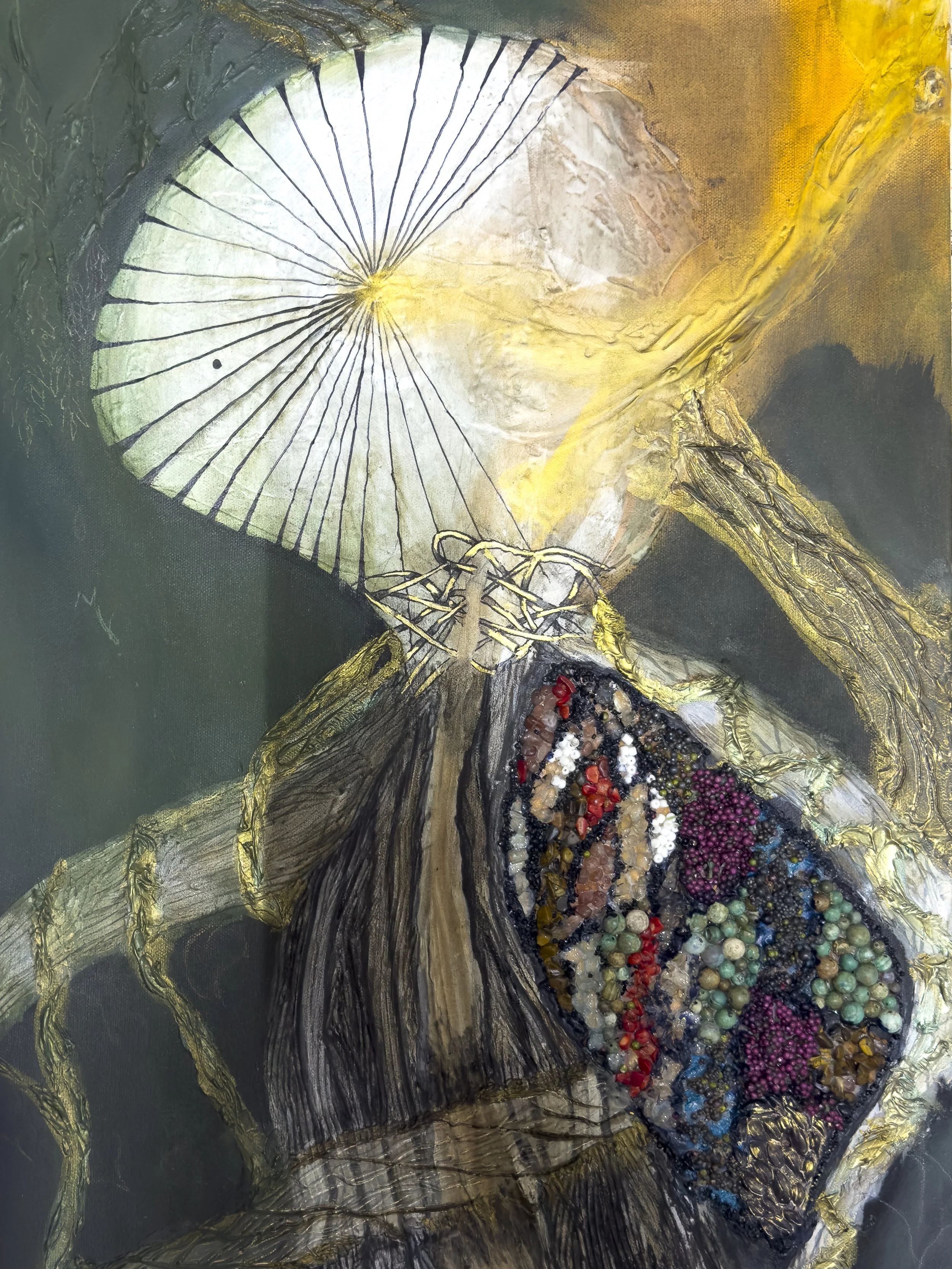 An abstract artwork featuring a spider with a colorful, textured abdomen, holding a white parasol with black lines, against a multicolored background with gold accents.