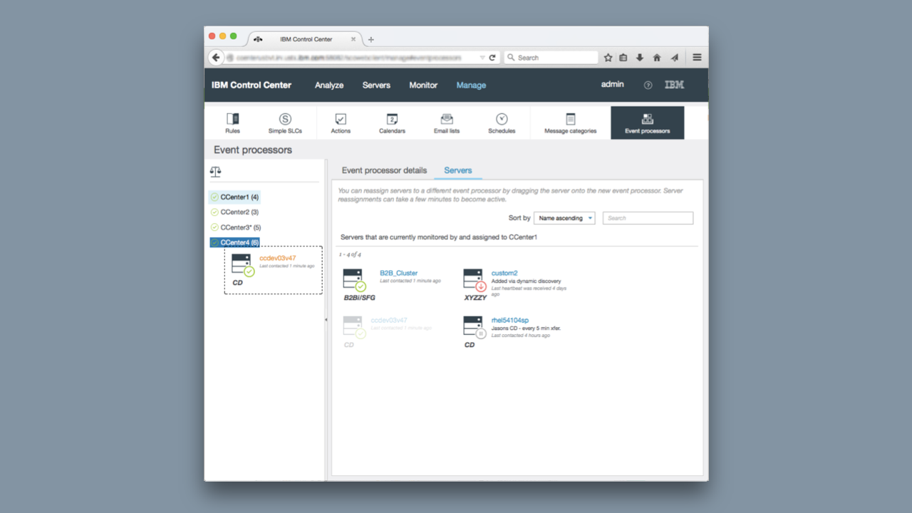 Screenshot of IBM Control Center interface showing the 'Event processors' tab with server details on the right and a server list on the left.