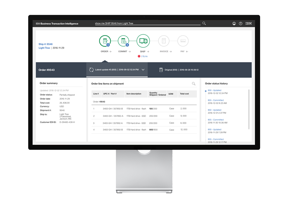 Computer monitor displaying IBM Business Transaction Intelligence software with order details and shipment status.