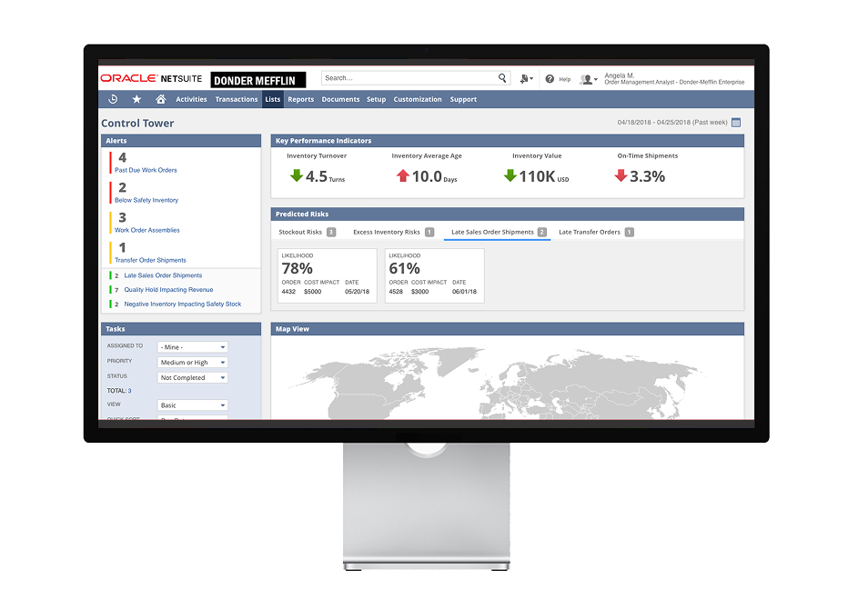 Screenshot of Oracle NetSuite dashboard showing inventory control panel for Donder Mefflin, with key performance indicators, risk predictions, and a world map.