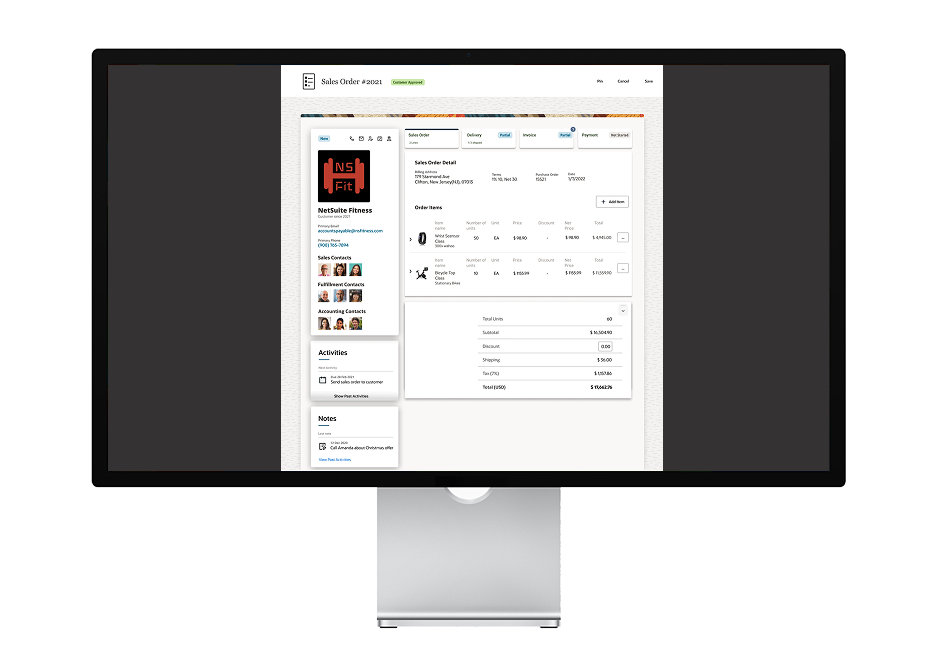 Screenshot of a computer monitor displaying a sales order in accounting software, with sections for customer contact info, order details, pricing, and notes.