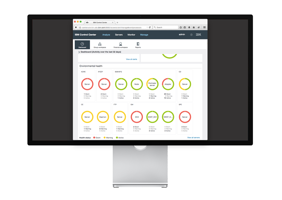 Computer monitor displaying IBM Control Center dashboard with environmental health status of servers, nodes, and other network components using color-coded circles for status indicators.