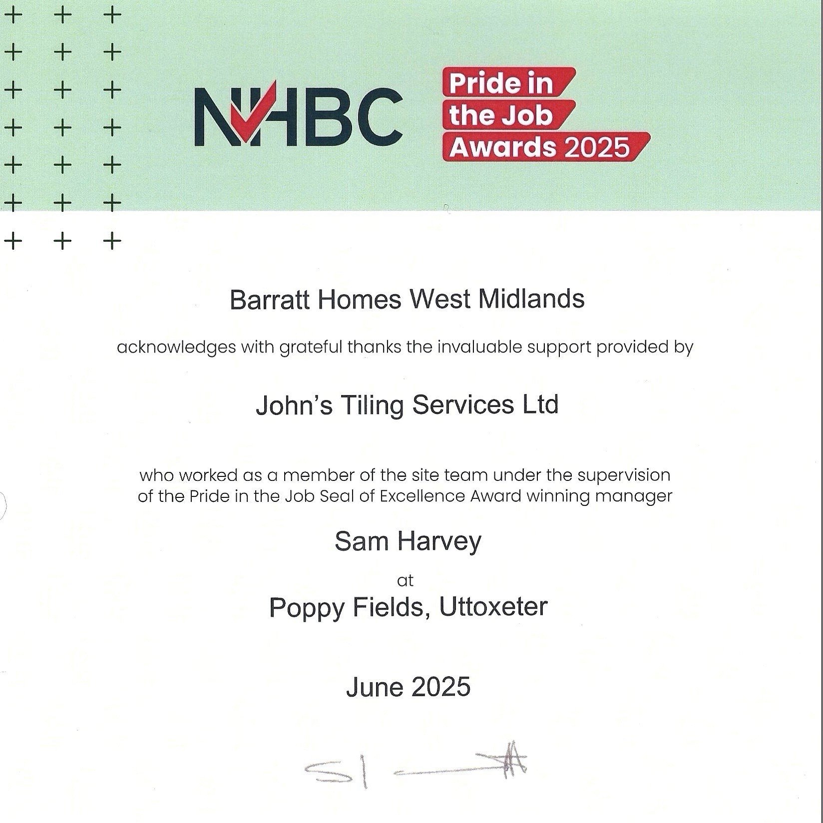 NHBC quality award given to Johns Tiling Services